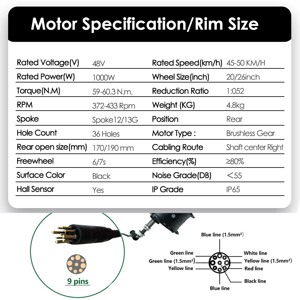Gros moteur 48V 1000W moteur de roue libre arrière à engrenage sans brosse pour gros vélo électrique neige e-bike 170mm 190mm taille de fourche 20 "26" pneu